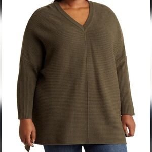 Adrianna Papell Oversized Ottoman Ribbed Tunic Sweater in Green, Women's Size XS